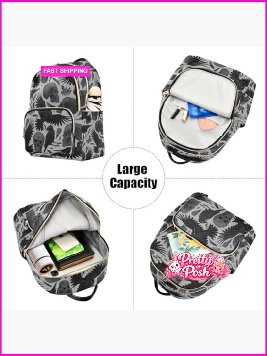 Gothic Crows Skulls Quilted Mini Backpack Travel Daypack for Women